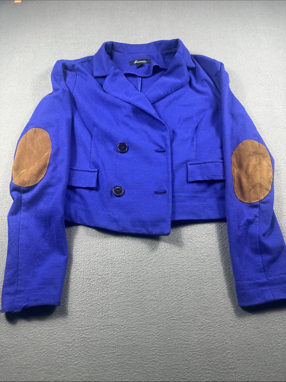 Forever 21 Cobalt Blue Cropped Blazer with Brown Elbow Patches (243)